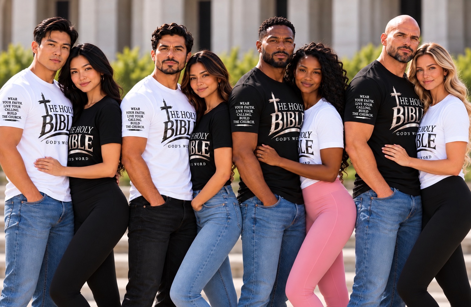 Four adult couples wearing black and white Holy Bible sample shirts from The Holy Company