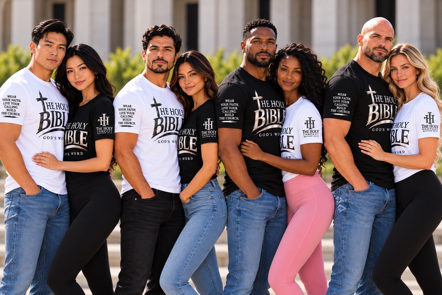 Four adult couples wearing black and white Holy Bible sample shirts from The Holy Company