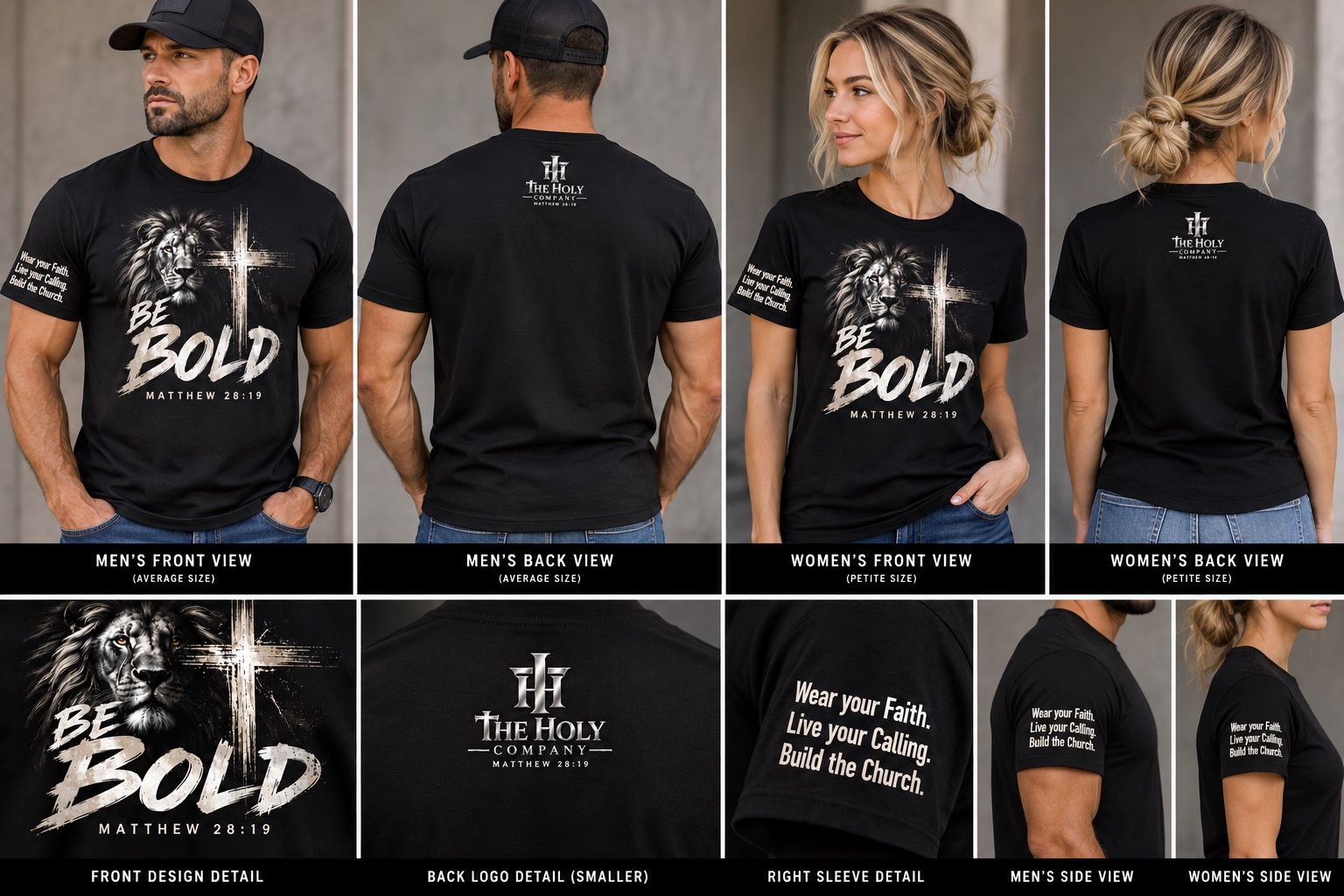 Adult sample: man and woman wearing black Be Bold shirts, with front, smaller silver TH back logo and sleeve details