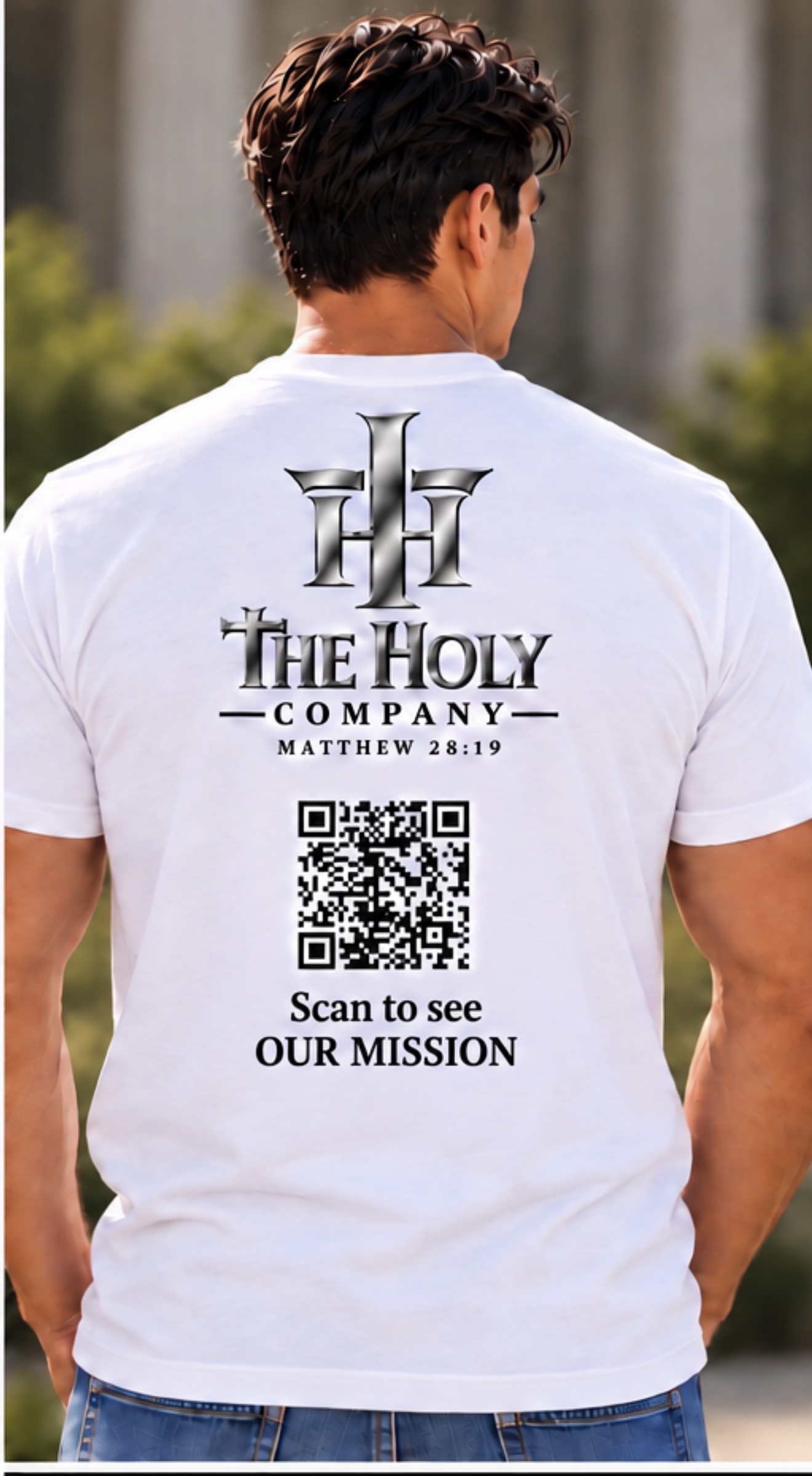 Approved Brand Ambassador back layout: silver The Holy Company logo, centered QR, Scan to see and OUR MISSION on two centered lines