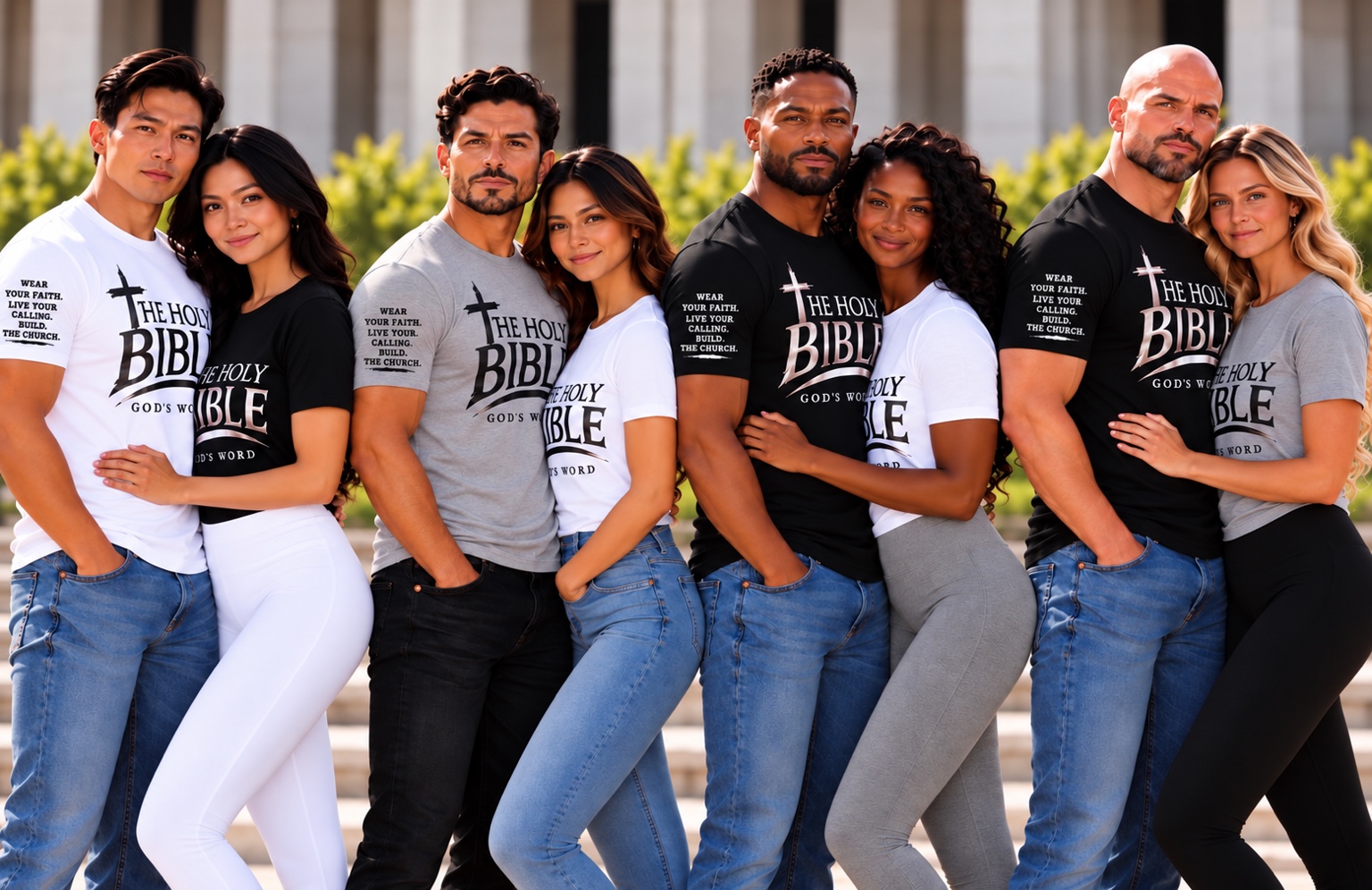 Four adult couples wearing black, white and gray Holy Bible sample shirts from The Holy Company
