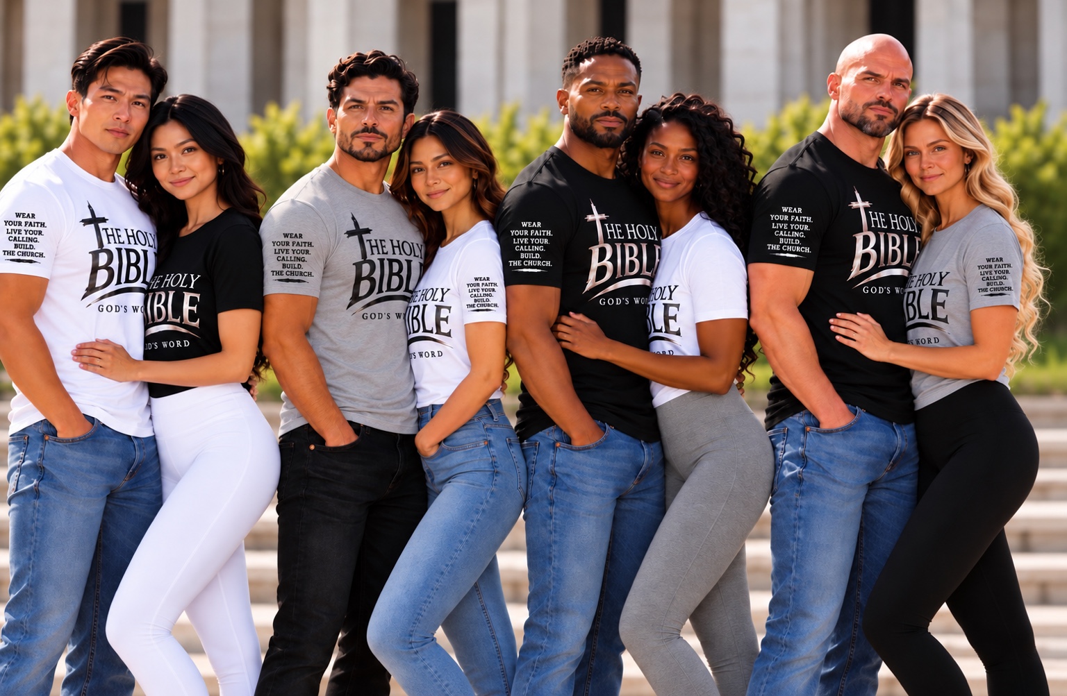 Four adult couples wearing black, white and gray Holy Bible sample shirts from The Holy Company