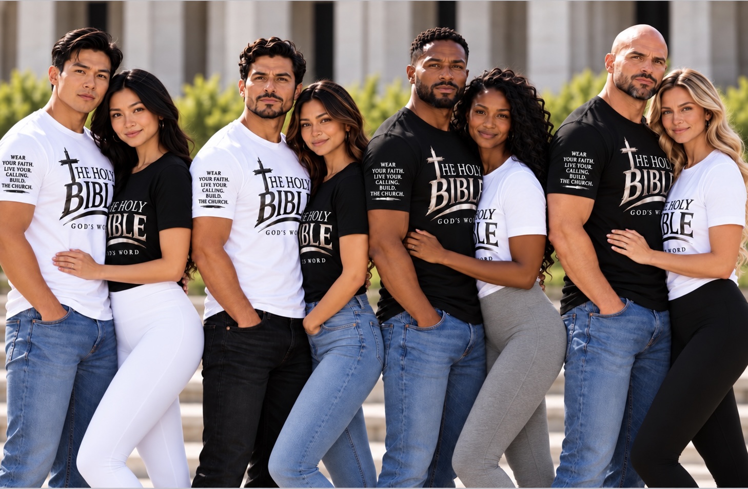 Four adult couples wearing black and white Holy Bible sample shirts from The Holy Company