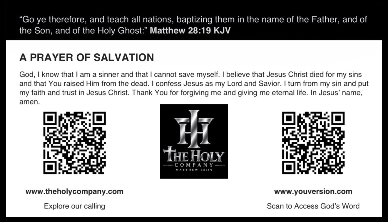 Kingdom Business Card back — Matthew 28:19, original salvation prayer, The Holy Company logo and QR codes